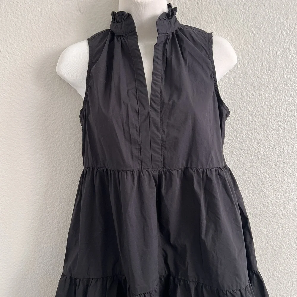 Small Black Tiered Mini Dress Lightweight Ruffle Neck Babydoll Swing Olivaceous